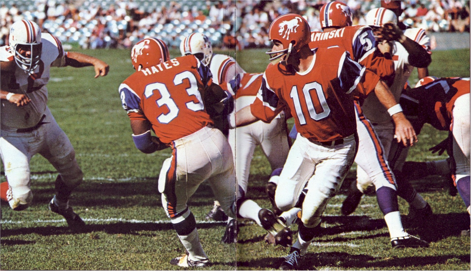  ... Larry Kaminski in 1966 Bronco uniforms, against the Boston Patriots